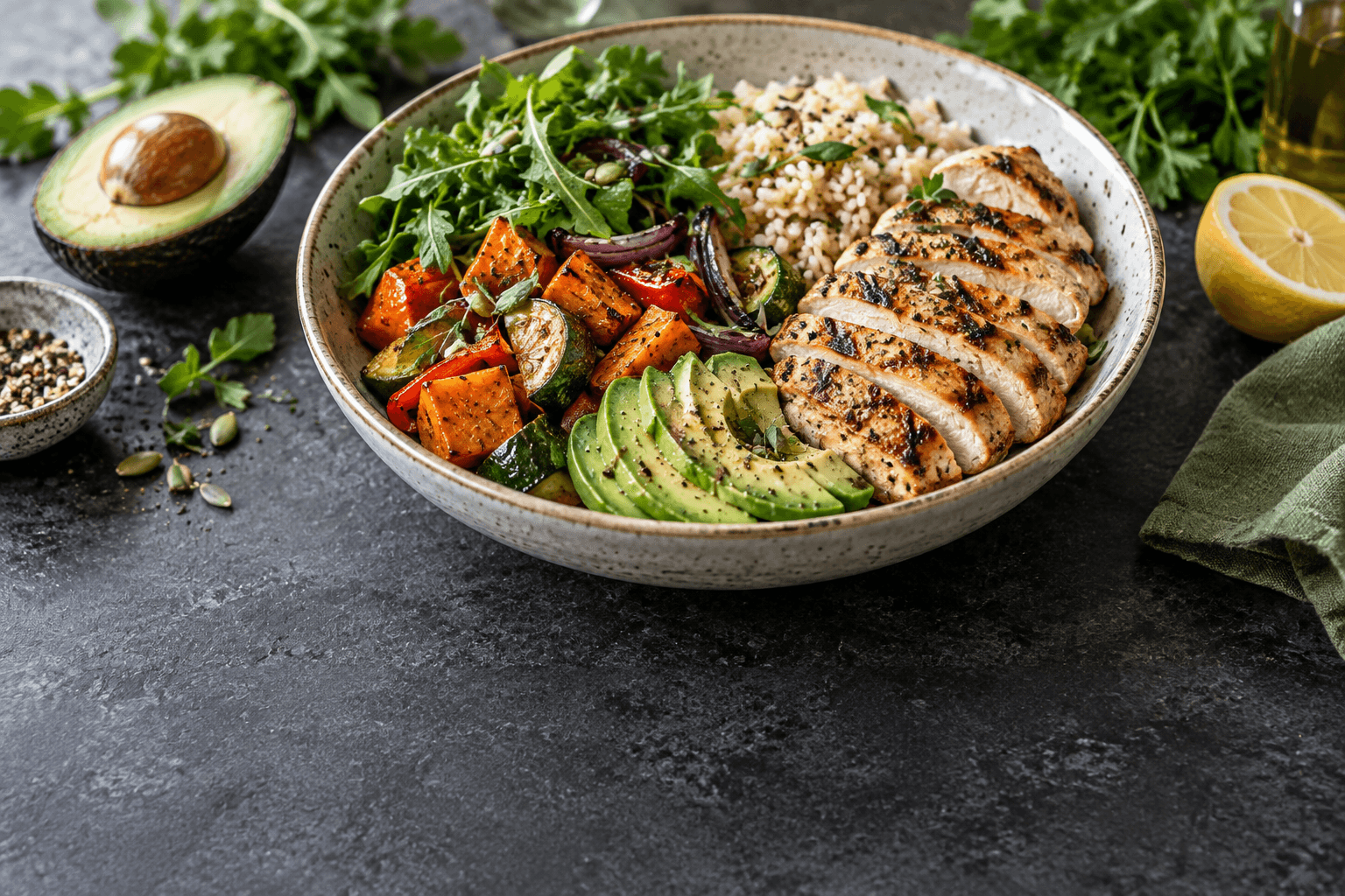 A balanced bowl of chicken, rice, avocado, and vegetables.
