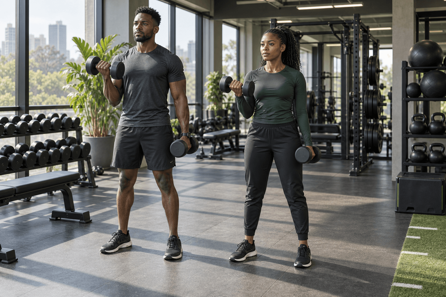 A man and woman training with dumbbells.