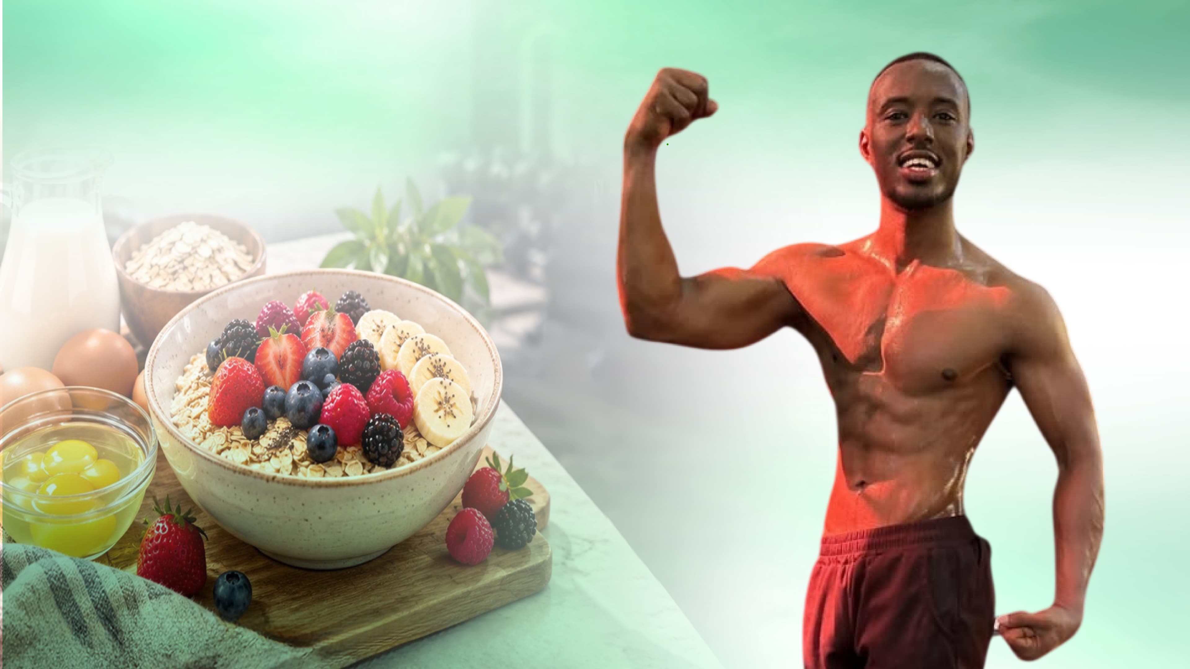 Coach Ali alongside a bowl of oats, fruit, and nutritious breakfast ingredients.