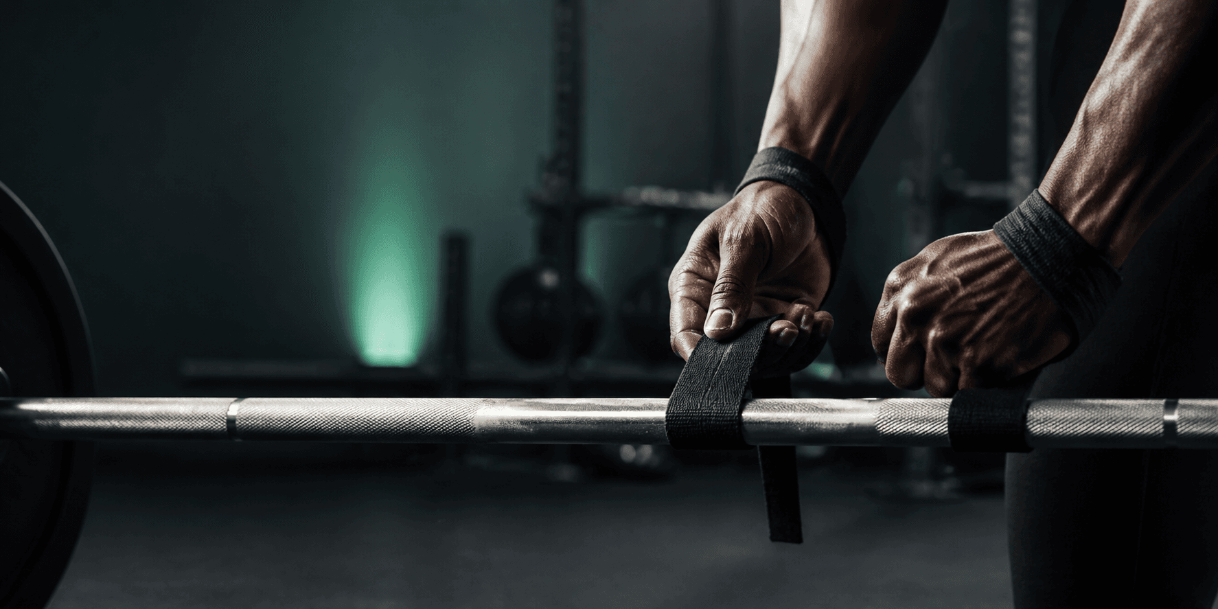 Athlete securing lifting straps around a barbell before training.